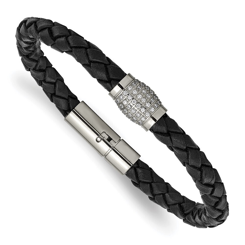 Kazi Luxury Titanium Polished w/CZ Black Leather Bracelet
